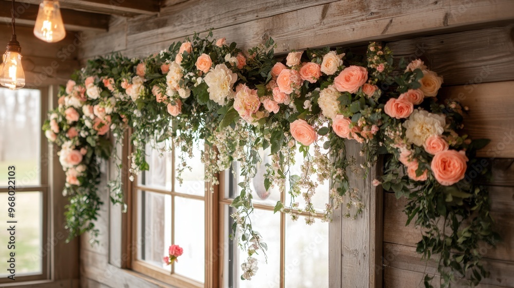 Fototapeta premium a rustic wooden beam adorned with a cascading floral garland brings natural charm and beauty to a cozy room floral aesthetics for room dcor presented in a banner concept