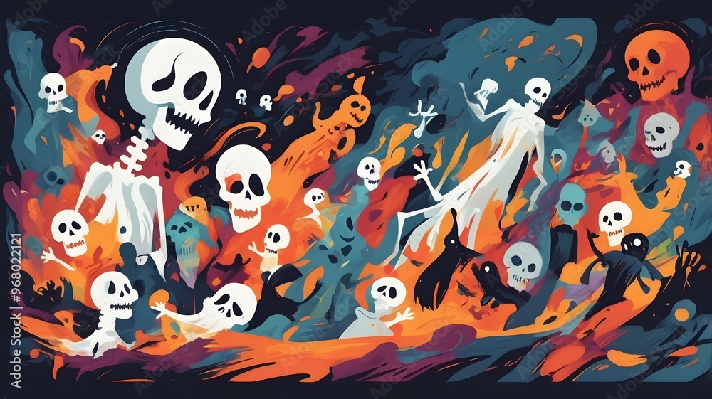 Abstract Expressionist Halloween painting A chaotic scene of ghosts and skeletons. Bold colors, energetic brushstrokes perfect for Halloween Abstract Expressionist Halloween painting A chaotic scene of ghosts and skeletons. Bold colors, energetic brushstrokes perfect for Halloween
