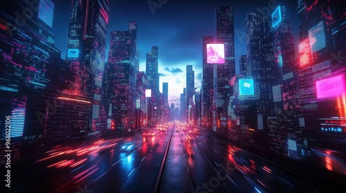 Futuristic cityscape with neon lights, depicting technological advances and modern urban life, ideal for cyberpunk themes and science fiction settings