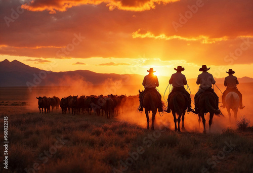 Cowboys on horseback control a cattle herd at sunset