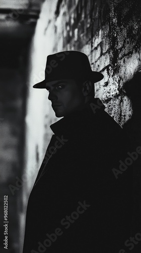 Vertical portrait of a character in a cinematic setting, reminiscent of classic noir films photo