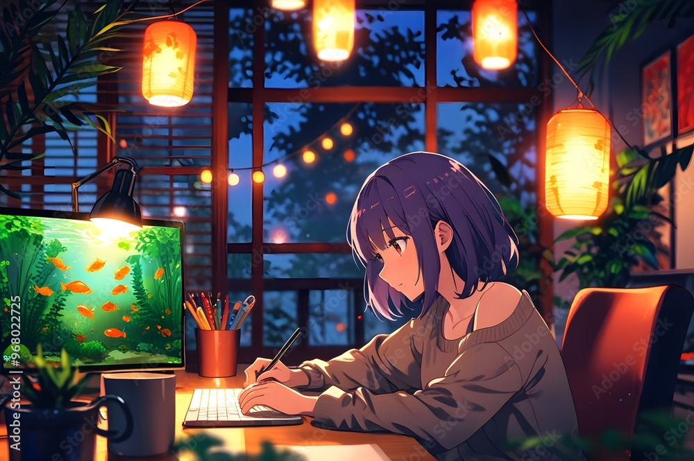 An anime girl with purple hair, sits at her wooden desk immersed in her laptop or desktop. a vase with wildflowers a relaxing and colorful background An anime girl with purple hair, sits at her wooden desk immersed in her laptop or desktop. a vase with wildflowers a relaxing and colorful background