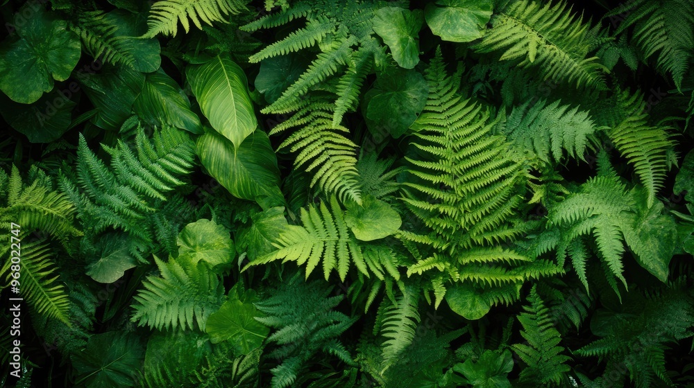 Top view of lush green ferns vibrant foliage background. The rich greenery forms a natural, textured pattern, perfect for nature-themed designs or backgrounds Top view of lush green ferns vibrant foliage background. The rich greenery forms a natural, textured pattern, perfect for nature-themed designs or backgrounds
