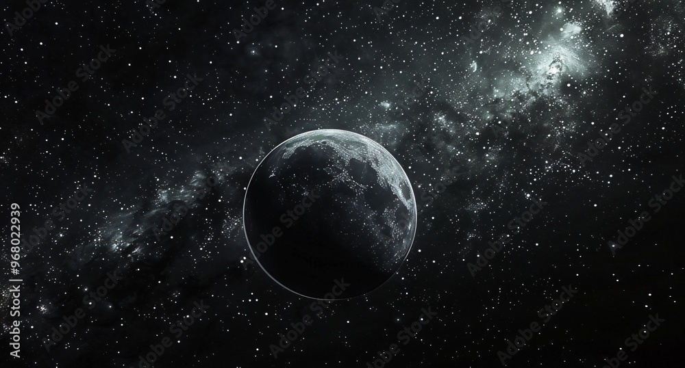 Obraz premium Dramatic Planet Silhouette Surrounded by Twinkling Stars in Vast Cosmic Landscape