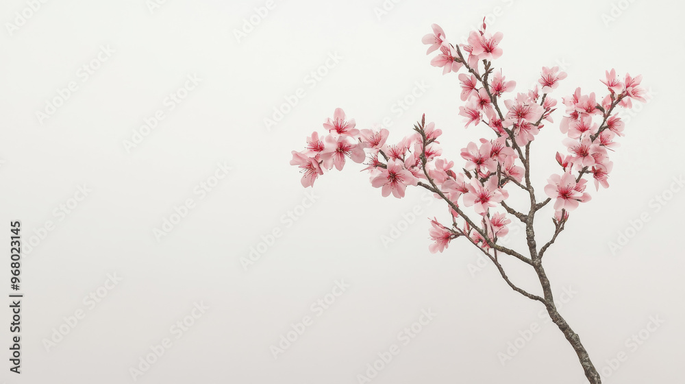 A single branch of a cherry blossom tree, with pink flowers, stands out against a plain white background. A single branch of a cherry blossom tree, with pink flowers, stands out against a plain white background.