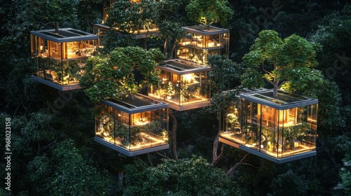 A modern arboretum with transparent treehouses and glowing plant displays, celebrating nature's diversity style, isolated background