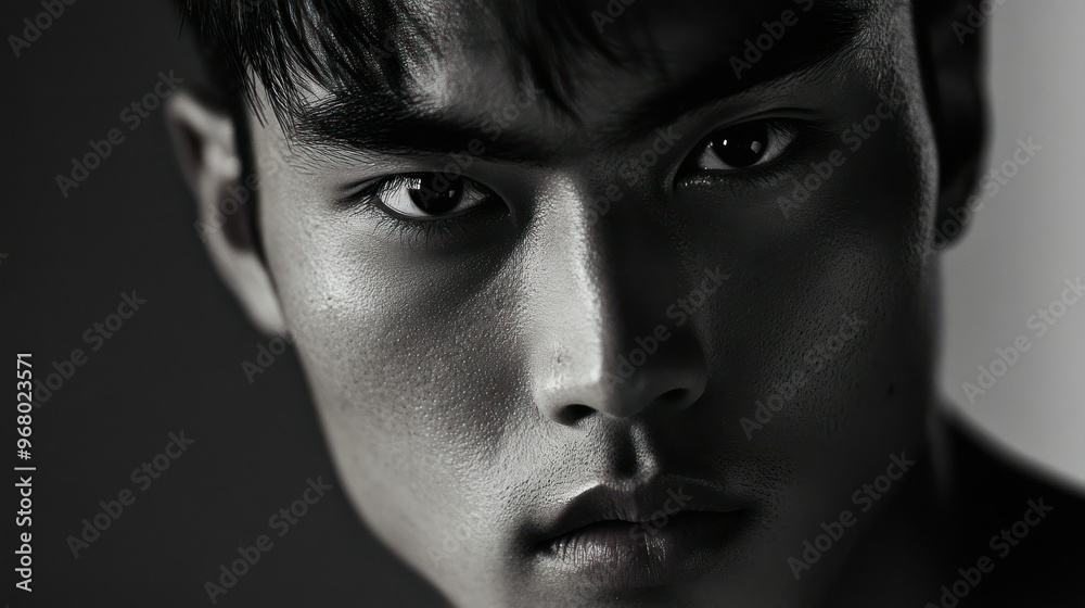 Close-up Black and White Portrait of a Man's Face with Intense Eyes Close-up Black and White Portrait of a Man's Face with Intense Eyes