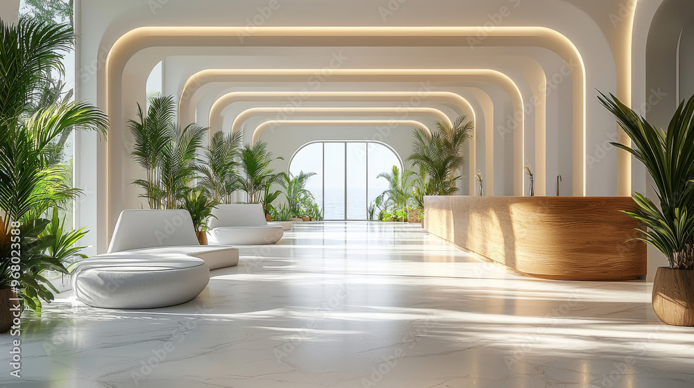 Modern lobby with white furniture and a wooden reception desk. Modern lobby with white furniture and a wooden reception desk.