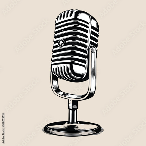 A microphone is on a stand with a picture of a man on it
