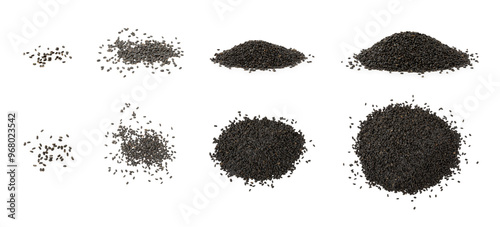 Basil seeds isolated on white background. Close-up. Superfood. Ocimum basilicum. Organic basil seeds.