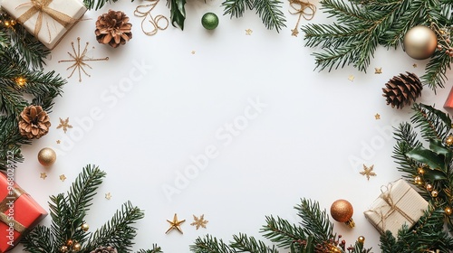 frame of New Year's decor, arranged in a circle, flat layout, the center of the image is free for text, white background