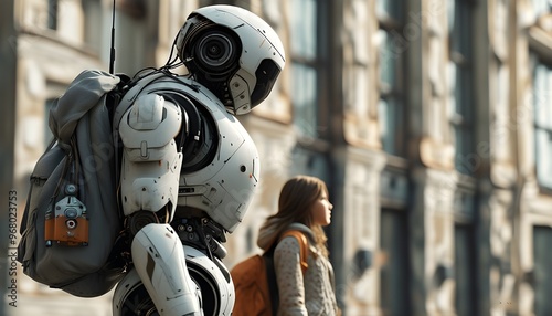 Girl and Robot Exploring Together with Backpack in Front of a Modern Building photo