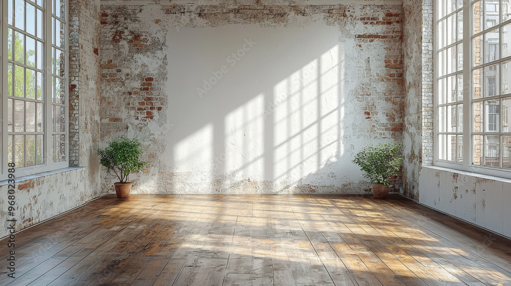 Sunlight streams through large windows in a spacious loft with exposed brick walls. Sunlight streams through large windows in a spacious loft with exposed brick walls.