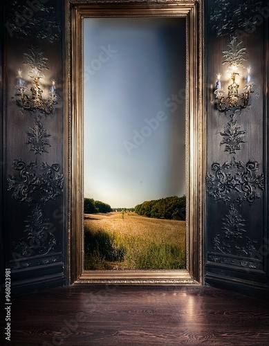 image d'un miroir reflétant dans une pièce ancienne donnant accès à un autre monde avec un paysage en ia photo