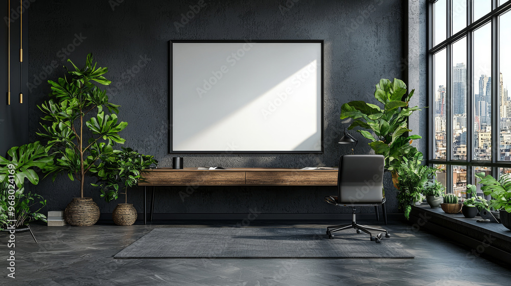 Modern office interior with a large blank canvas above a floating desk. Modern office interior with a large blank canvas above a floating desk.