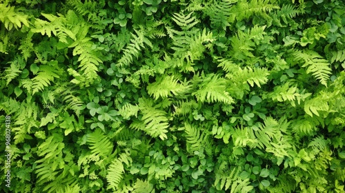 Top view of lush green ferns vibrant foliage background. The rich greenery forms a natural, textured pattern, perfect for nature-themed designs or backgrounds