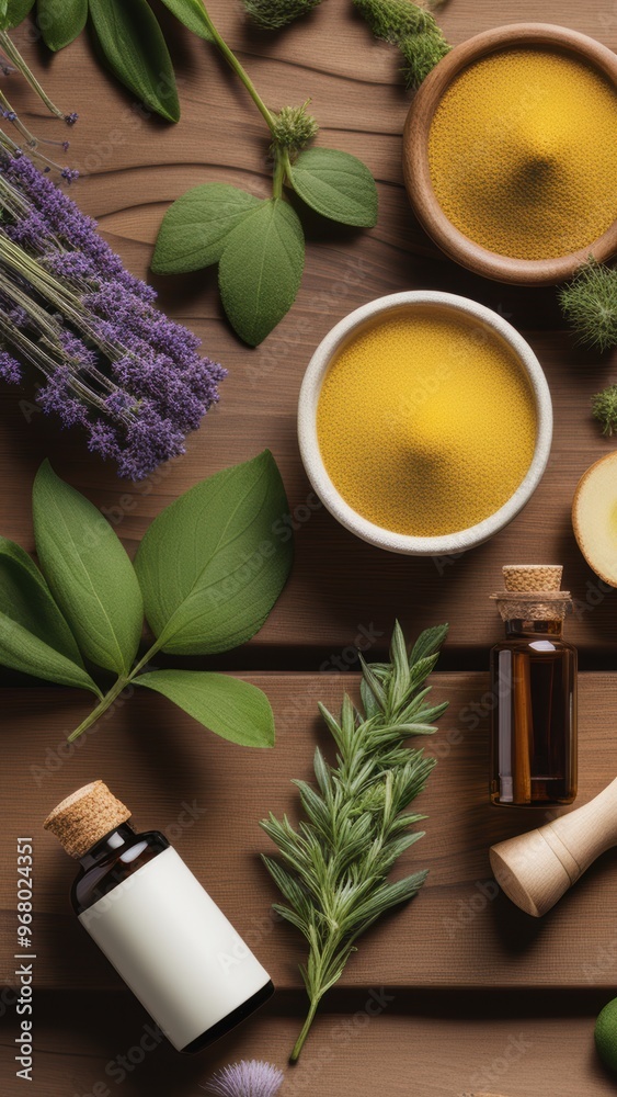 Jars of powders oils and dried plants on a wooden table. Jars of powders oils and dried plants on a wooden table.
