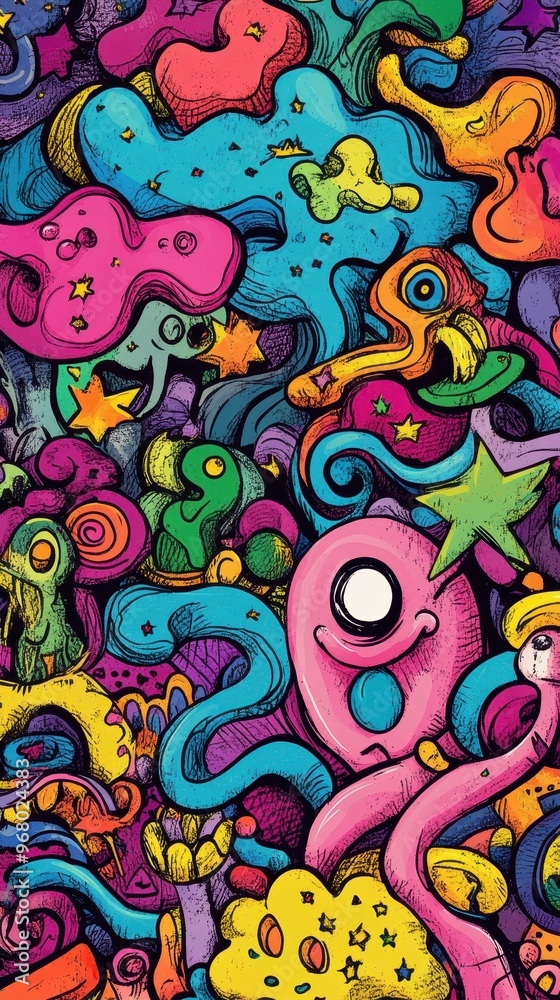 The artwork features a lively array of imaginative creatures and swirling shapes, bursting with color and energy throughout The artwork features a lively array of imaginative creatures and swirling shapes, bursting with color and energy throughout