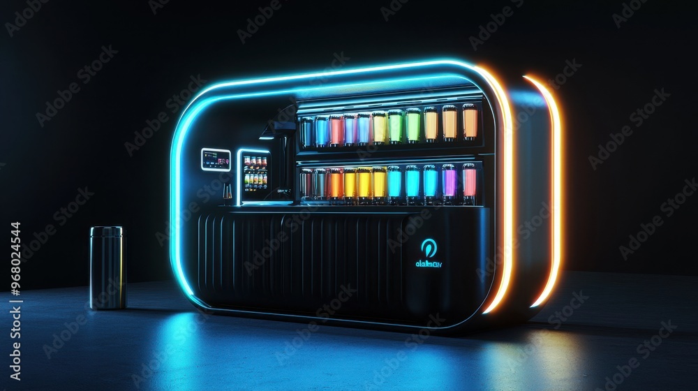 An innovative energy drink kiosk with interactive digital flavor selectors and bioluminescent cans, boosting performance style, isolated background