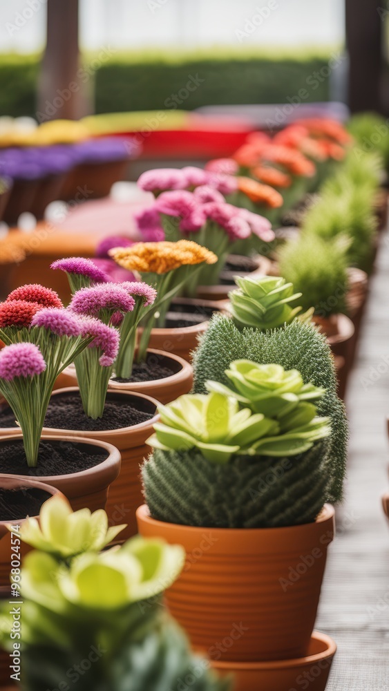Vibrant row of potted succulents in varied colors and sizes. Vibrant row of potted succulents in varied colors and sizes.