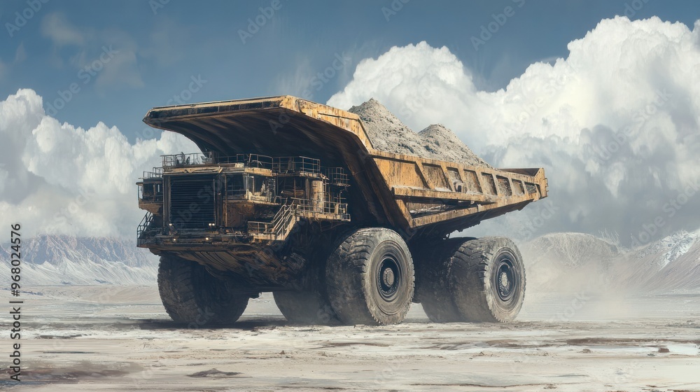 Yellow Dump Truck Loaded with Gravel in a Desolate Landscape Yellow Dump Truck Loaded with Gravel in a Desolate Landscape