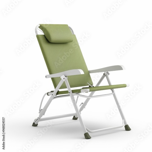 Camping chair with headrest, outdoor furniture, realistic 3D render, ergonomic support, isolated on white background.