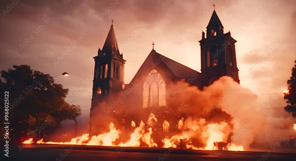 Church building burning fire burning and smoke moving Church with cross burns in flames at dark night It is a tradition destroyed flames moving 4k animation
