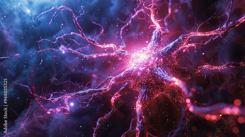 A colorful, glowing brain with red and blue strands. Concept of wonder and curiosity about the complexity of the human brain A colorful, glowing brain with red and blue strands. Concept of wonder and curiosity about the complexity of the human brain