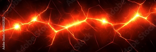 A vibrant display of red and orange lightning patterns illuminates a dark background, creating a dynamic abstract representation of energy photo