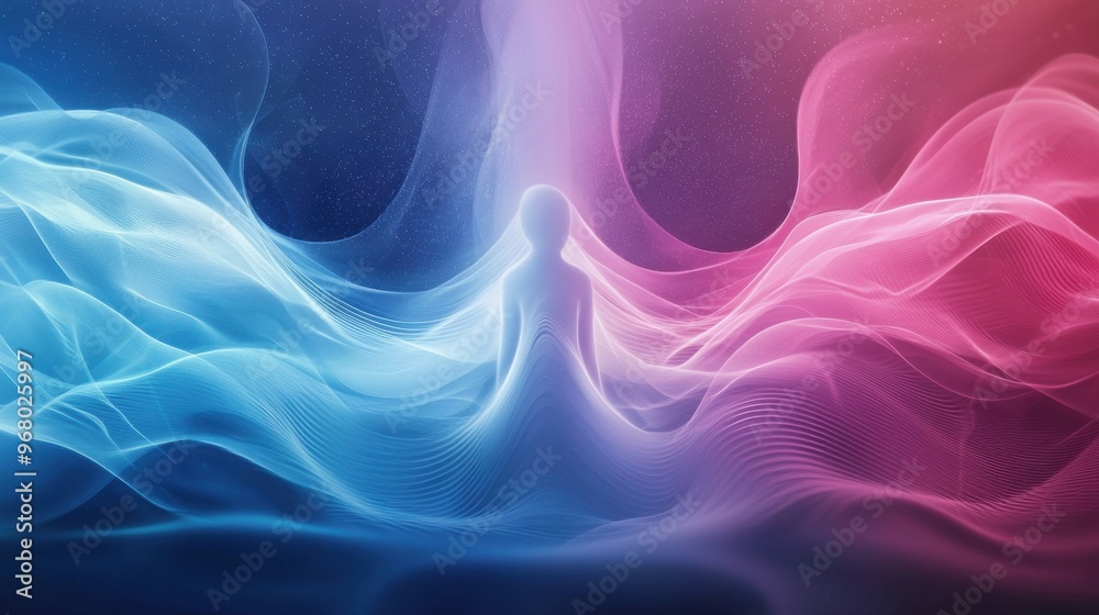 Waves of Positivity: Flowing waves of energy in different hues of blue and pink, surrounding a figure in the center, representing the constant flow of positivity around and within the person Waves of Positivity: Flowing waves of energy in different hues of blue and pink, surrounding a figure in the center, representing the constant flow of positivity around and within the person