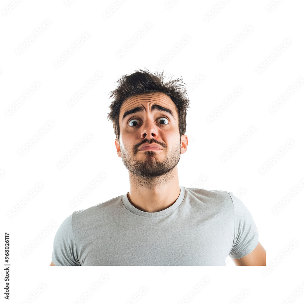 Fototapeta premium Confused young man looking up, surprised by something