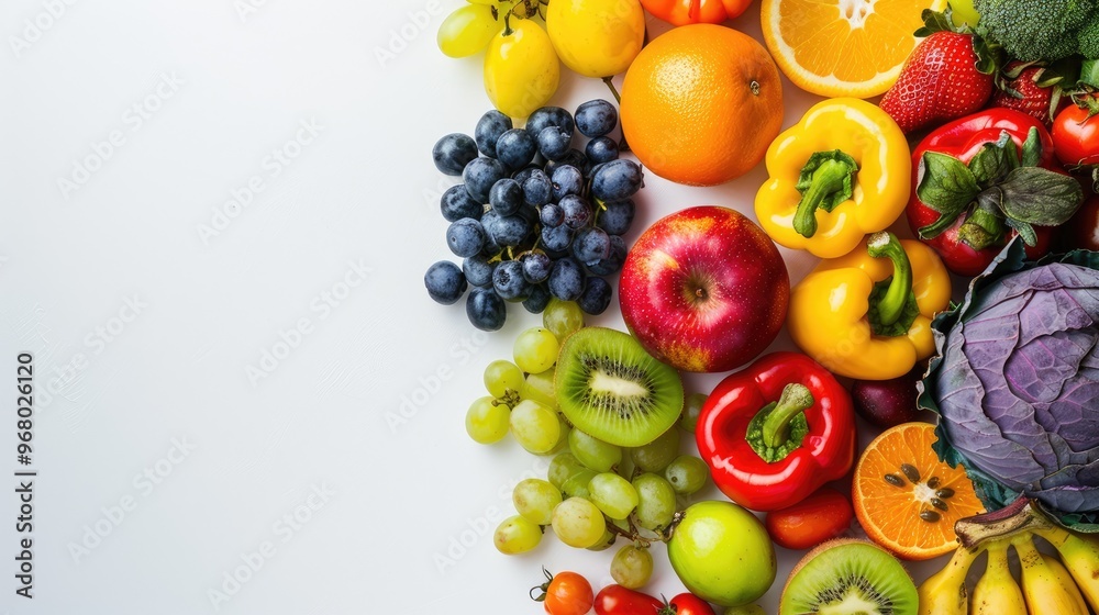 Assortment of fresh fruits and vegetables on white background with copy space. Assortment of fresh fruits and vegetables on white background with copy space.