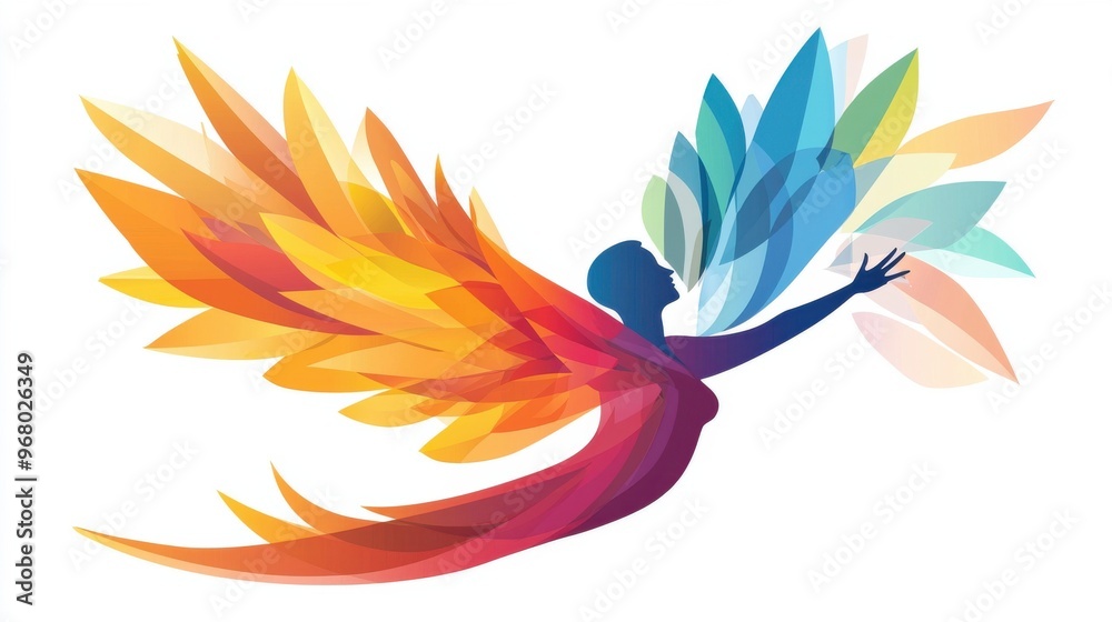 Fototapeta premium Wings of Positivity: A human figure with abstract, colorful wings, symbolizing the power of a positive mindset to lift a person higher and allow them to soar above challenges
