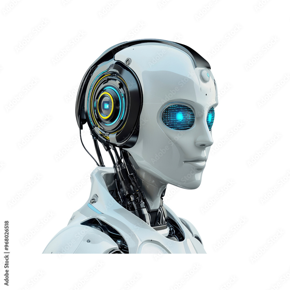Closeup Portrait of a White Robot with Blue Eyes and Black Headphones Closeup Portrait of a White Robot with Blue Eyes and Black Headphones