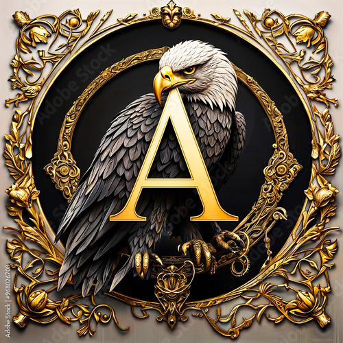 Stylized letter 'A' with elegant design elements, set against a majestic eagle background photo