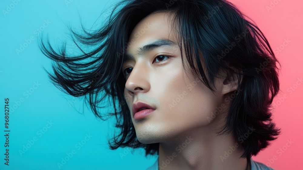 Naklejka premium Close-up Portrait of a Young Man with Windblown Black Hair