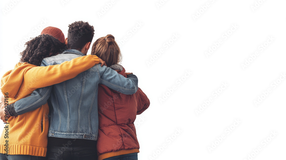 Fototapeta premium Group of four friends with their backs to each other hugging. Copy space