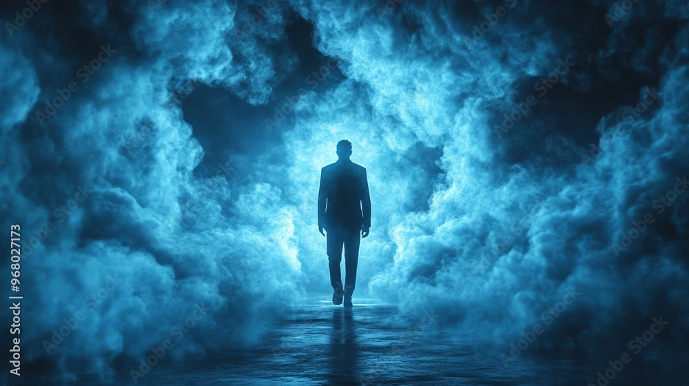 A man is walking through a blue fog A man is walking through a blue fog