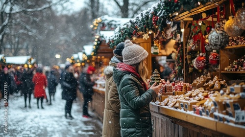 Festive christmas market scene with snow and decorations.