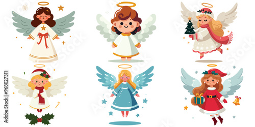 Cute holiday angels cheerful vector art, colorful background, perfect for Christmas cards