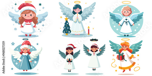 Cute Christmas angels, cartoon style, various poses and festive backgrounds, holiday decorations;