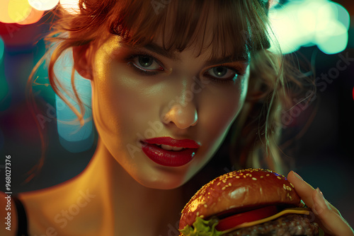 A woman is holding a hamburger in her hand photo