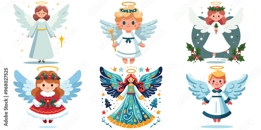 Fototapeta premium Cute Christmas angels in various poses, cartoon style, festive colors, holiday illustration, greetings
