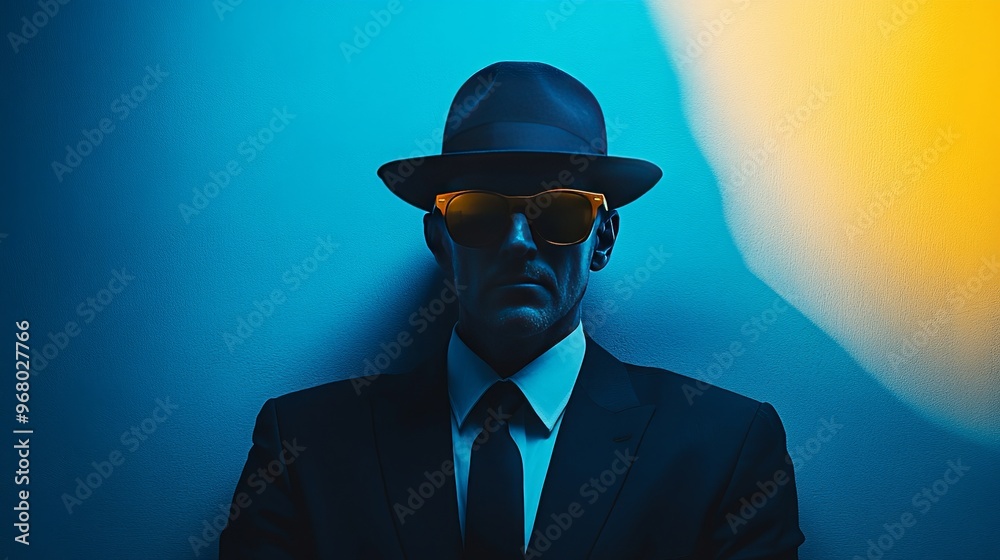 A man in a suit and hat is standing in front of a blue wall A man in a suit and hat is standing in front of a blue wall