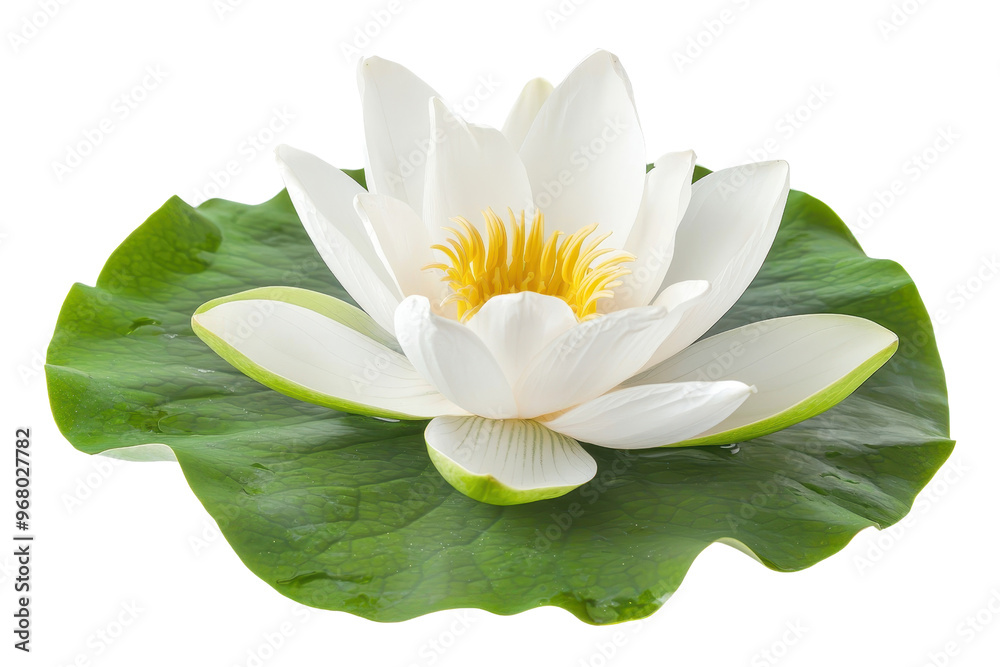 A beautiful white lotus flower in full bloom, with vibrant green leaves, isolated on a transparent background. A beautiful white lotus flower in full bloom, with vibrant green leaves, isolated on a transparent background.