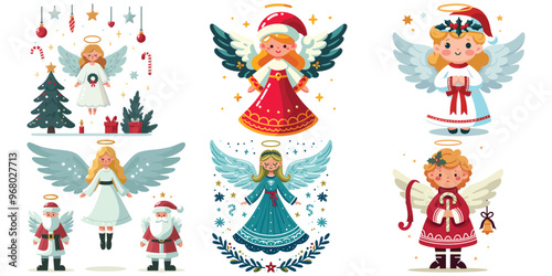 Christmas angels in festive attire with toys and trees on white background, vector illustrations