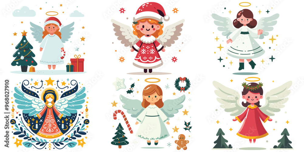 Fototapeta premium Christmas angels with joyful mood in festive outfits, vector illustration, holiday decorations