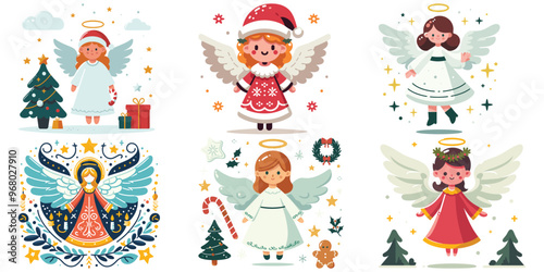 Christmas angels with joyful mood in festive outfits, vector illustration, holiday decorations