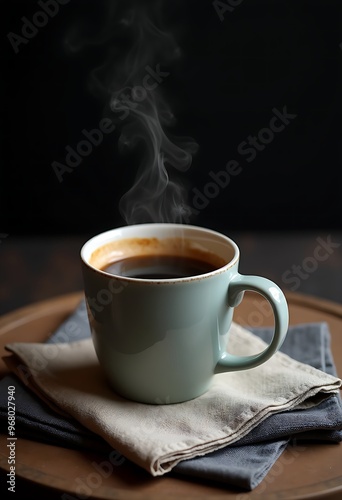 A cup of hot coffee on cloth napkins, on wooden table, food and drink concept