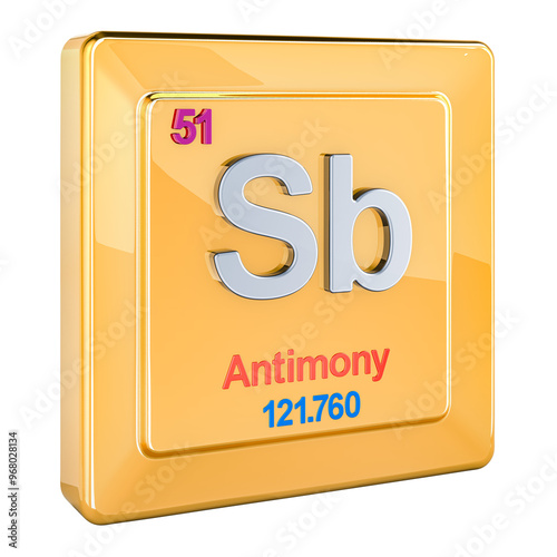 Antimony Sb stibium, chemical element sign with number 51 in periodic table. 3D rendering isolated on transparent background